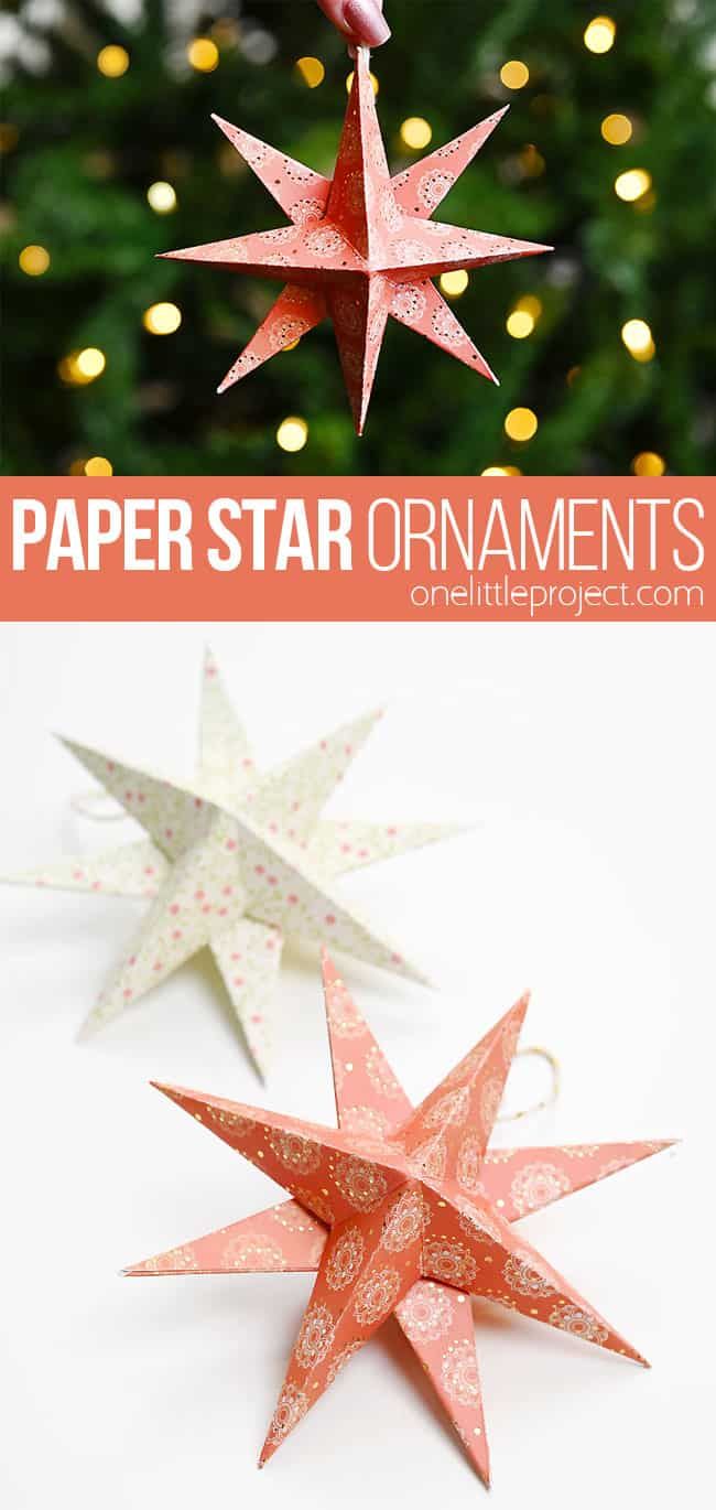 paper star ornament hanging from a christmas tree with the words paper star ornaments on it