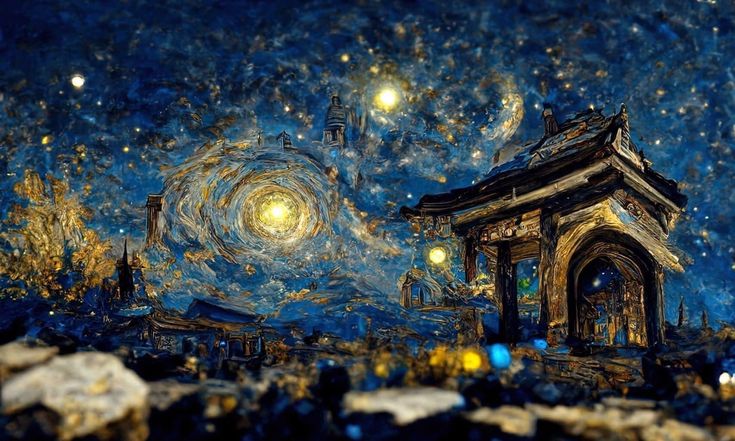 an artistic painting of a starry night with a clock tower in the foreground