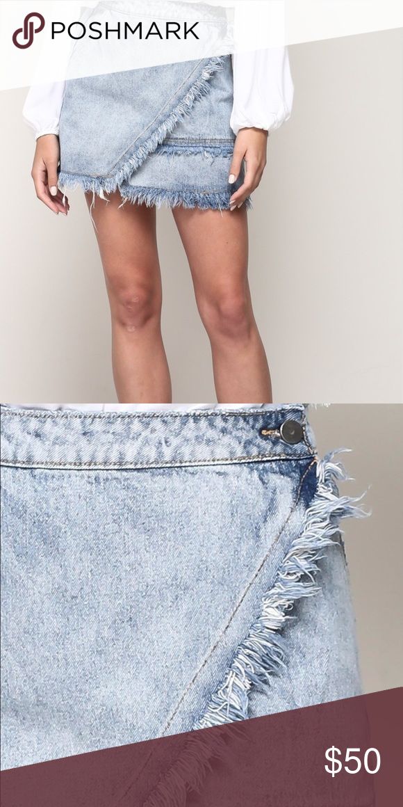 Frayed Denim Skirt Asymmetrical frayed denim skirt  PRODUCT DETAILS  Frayed edges Finished seams Side button Side Pockets Relaxed fit Mini skirt  STYLING TIP:  This is the perfect denim skirt that is casual and cute.  Wear this skirt to run errands with a tee and sneakers or dress it up with a tank or halter and throw on your favorite pair of strappy heels. Mustard Seed Skirts Mini Skirt Styling, Satin Wedding Shoes, Classy Skirts, Skirt Asymmetrical, Wrap Dress Pattern, Trendy Dresses Summer, Perfect Denim, Trendy Dress, Frayed Denim