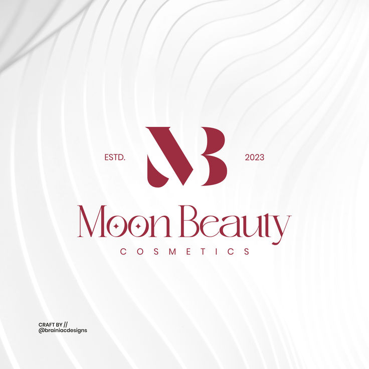 the moon beauty cosmetics logo is shown on a white background with wavy lines around it