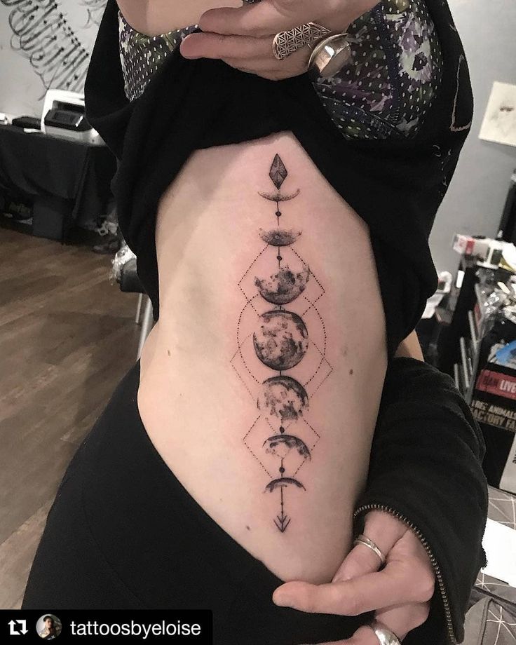 a woman with a tattoo on her stomach showing phases of the moon and stars,