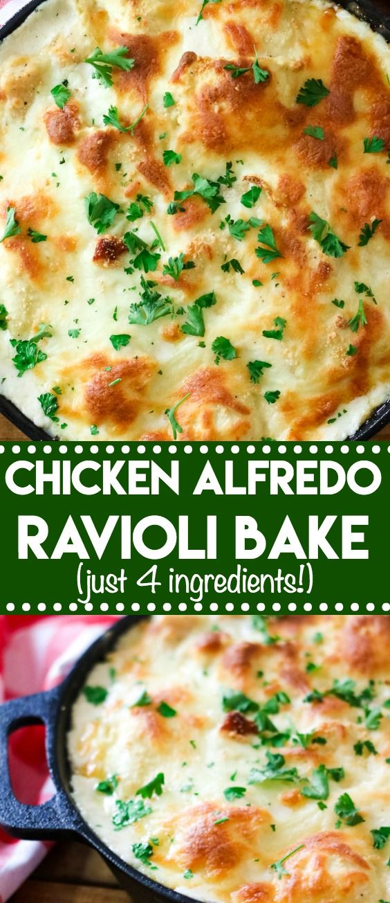 chicken alfredo ravioli bake in a cast iron skillet with parsley on top