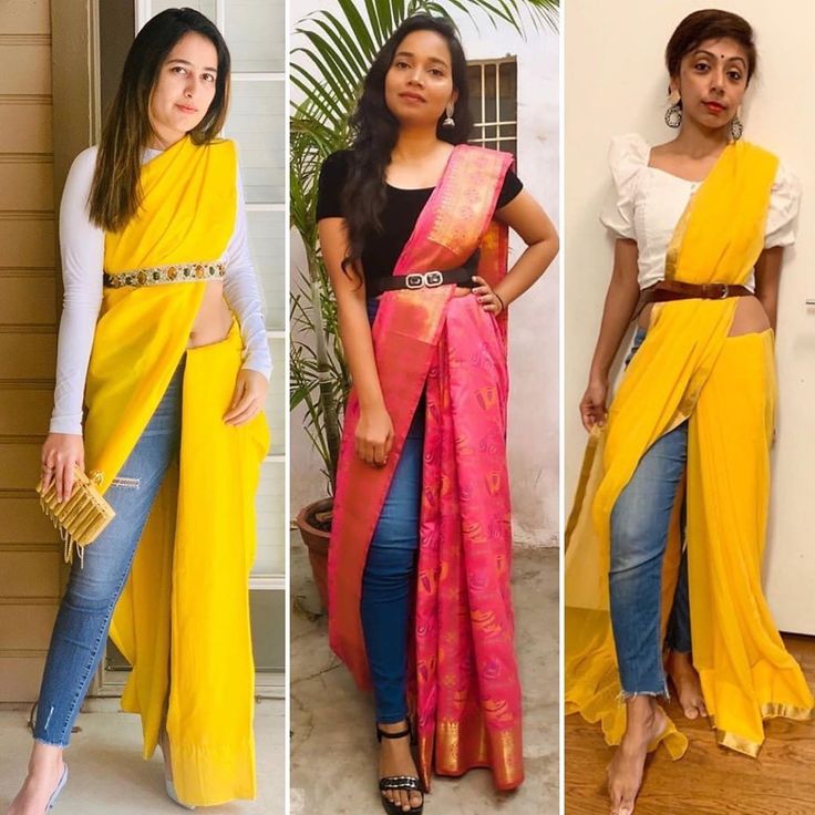 Indowestern Fusion Outfit Ideas, Saree Styles For College, Traditional Fusion Wear, Jeans Saree Style, Mismatch Clothes Outfits, Jeans And Saree Fusion, Missmatching Outfits, Mismatch Outfit Ideas Women, Fusion Dresses For Women