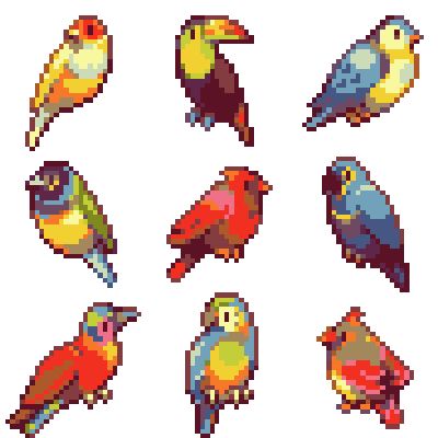 pixel art birds in different colors and sizes