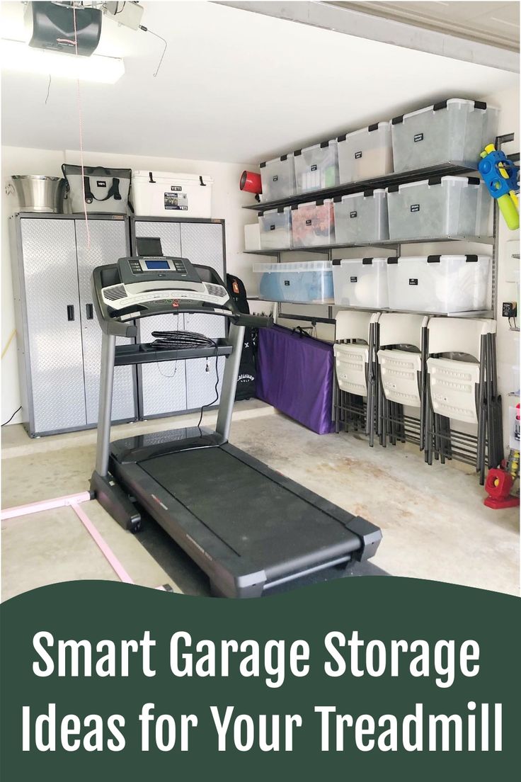 Treadmill in a neat garage with organized storage shelves and cabinets. Organization Suitcase, Organized Garage, Treadmill Running, Garage Storage Ideas, Garage Door Insulation, Clean Garage, Running Plan, Waterproof Sunscreen, Running On Treadmill