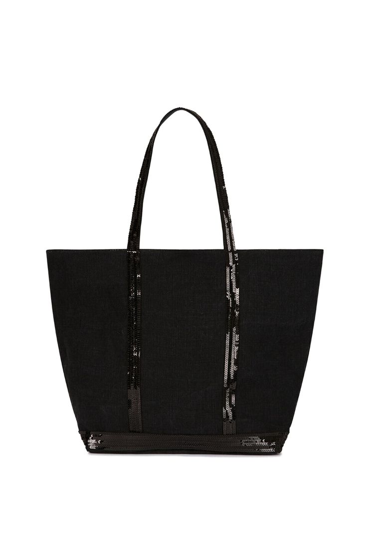 Medium+ Embellished Linen Tote Bag With Zip Noir - RUE MADAME | BOUTIQUE PARISIENNE Embellished Everyday Summer Bags, Embellished Everyday Bags For Summer, Summer Embellished Bags For Everyday Use, Luxury Black Sequined Bags, Summer Embellished Tote Bag, Elegant Embellished Travel Bags, Chic Embellished Shoulder Bag For Shopping, Chic Sequined Shoulder Bag, Chic Embellished Summer Bags