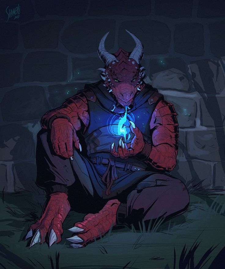 a demon sitting on the ground in front of a brick wall holding a glowing ball