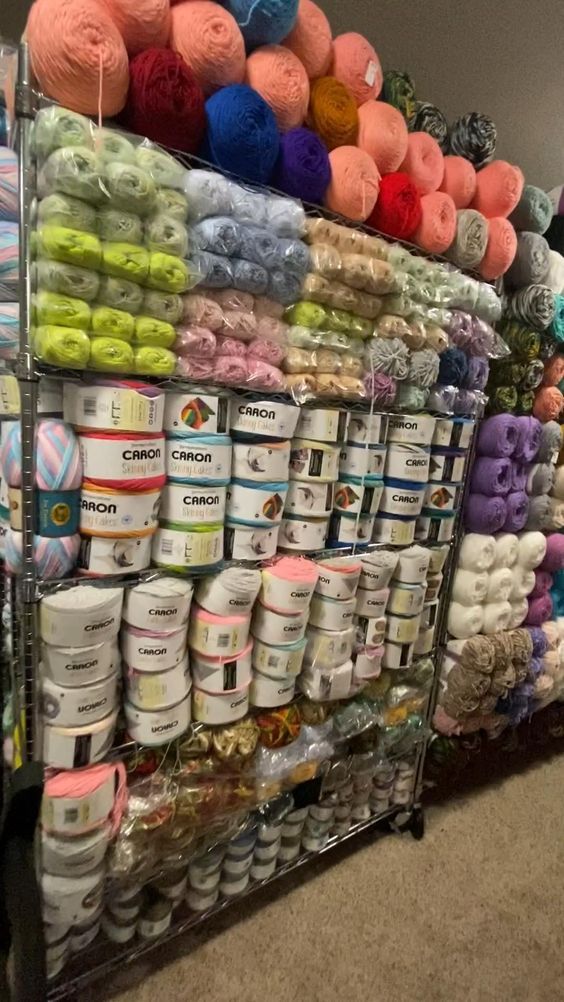 Yarn storage Yarn Storage Ideas Small Spaces, Diy Yarn Storage Ideas, Diy Yarn Storage, Storage Ideas Small Spaces, Yarn Storage Ideas, Red Heart Yarn Inspired, Vintage Store Ideas, Yarn Projects Crochet, Crochet Store