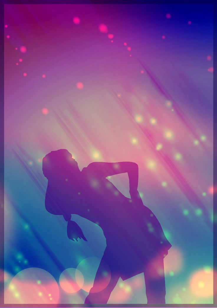 the silhouette of a woman dancing in front of bright colored lights and blurry background