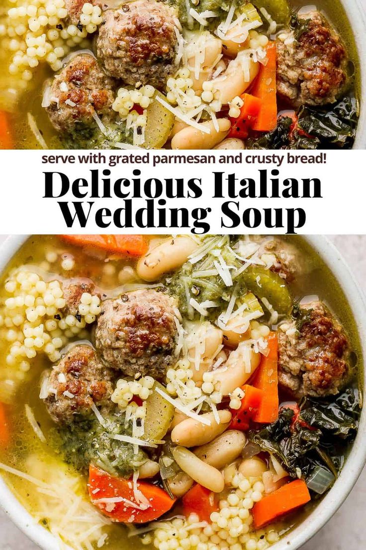 two bowls of italian wedding soup with meatballs and veggies in it, on top of each other