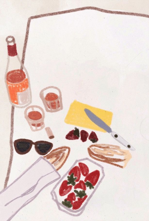 a drawing of food on a table with glasses and napkins next to it, including strawberries