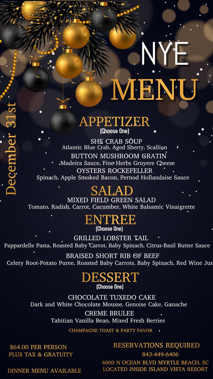 the new year's eve menu is shown in gold and black, with decorations on it