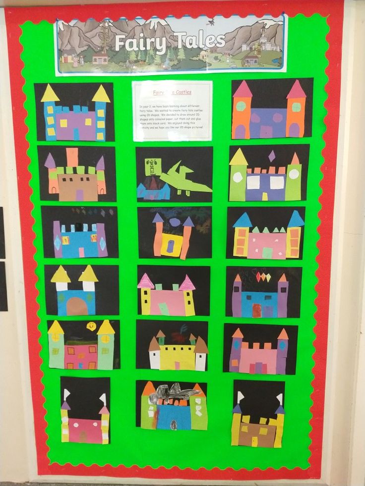 a bulletin board with pictures of castles and castle blocks on it's sides, in front of a green background