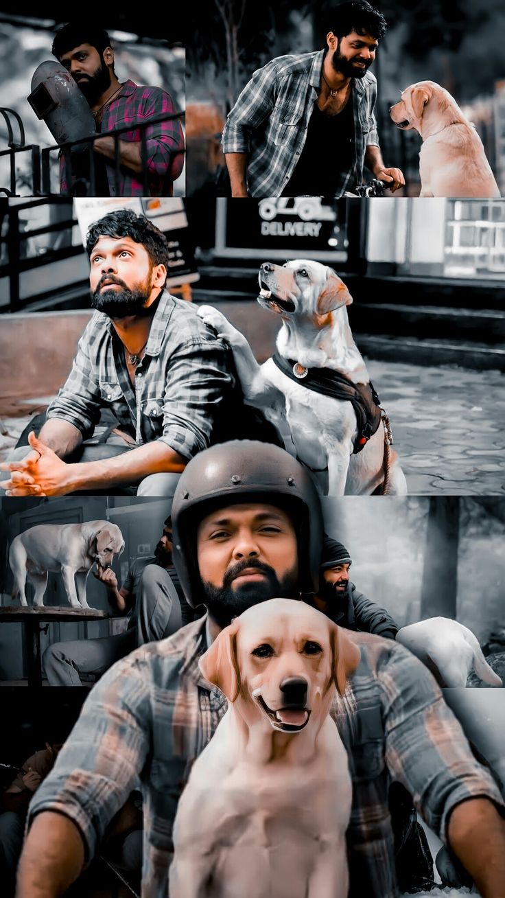 a man sitting on top of a motorcycle next to a dog and another man with a beard