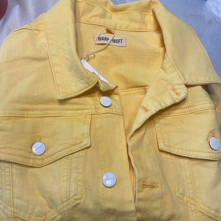 Nwt Warp Weft Denim Jacket Bright Yellow. 98% Cotton 2% Lycra Size2x Retails$78 Summer Outerwear With Pockets For Brunch, Yellow Cotton Denim Jacket With Pockets, Yellow Denim Jacket With Pockets For Fall, Collared Cotton Denim Jacket For Day Out, Summer Denim Jacket With Snap Buttons, Casual Yellow Denim Jacket With Pockets, Spring Collared Denim Jacket For Day Out, Collared Denim Jacket With Snap Buttons For Spring, Yellow Cotton Denim Jacket For Fall