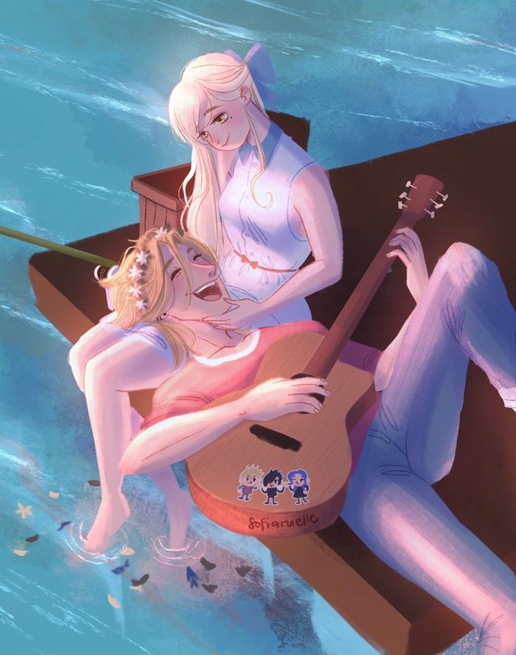 two women are sitting on a boat in the water and one is holding a guitar