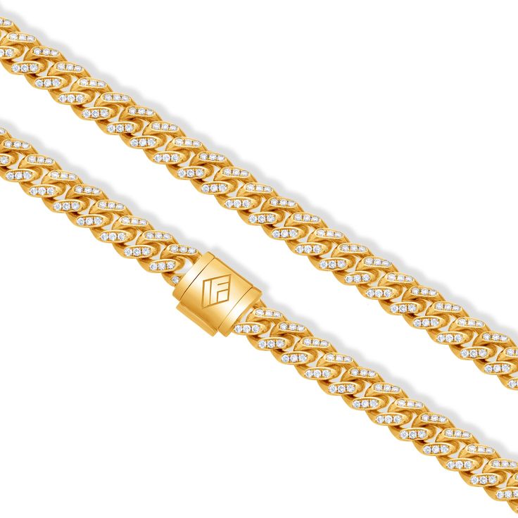 Our 9mm Cuban Link Chain is crafted in solid 14k Yellow Gold. Each Cuban link is iced out by our expert in house diamond setter. Diamond weight is approximately 10 carats for 20”. This Diamond Cuban Link Chain is finished to a high polish and secured by our signature IF & Co. fold over clasp. Please contact us for a size not listed. Size Chart Diamond Cuban Link Necklace With Gold Chain, Elegant Gold Iced Out Cuban Link Necklace, Luxury Cuban Link Necklace, Luxury White Gold Cuban Link Necklace With Diamond Accents, Luxury Diamond Cuban Link Necklace For Formal Occasions, Luxury White Gold Cuban Link Necklace, Luxury Cuban Link Necklace For Formal Occasions, Diamond Cuban Link Chain Necklace, Luxury Diamond Necklace With Cuban Link Curb Chain