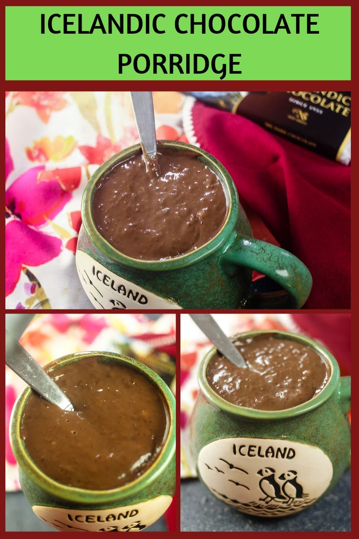 chocolate pudding in a green mug with the words iceland chocolate porridge on top and below