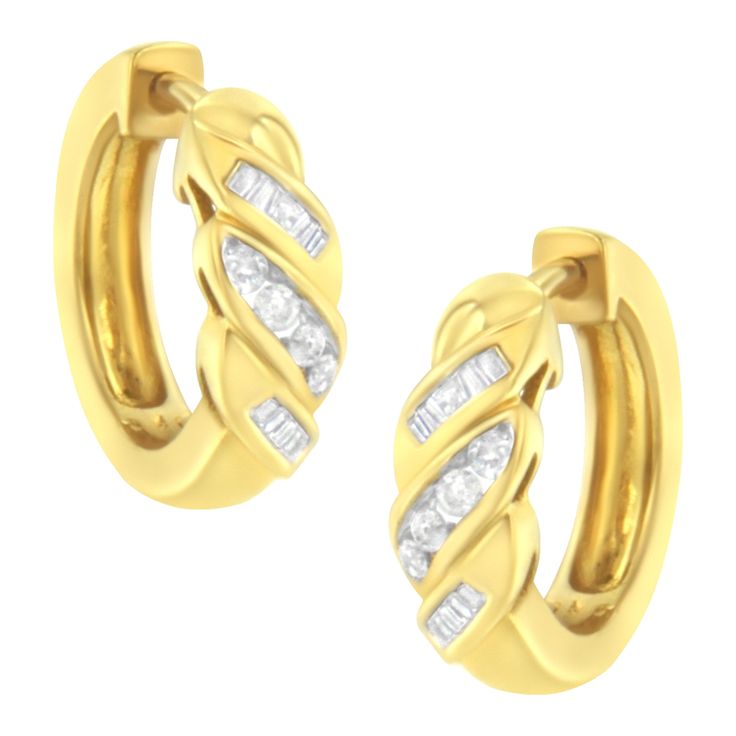 Sparkling round and baguette cut diamond rows alternate along the front of these stunning huggy hoop earrings creating a braided inspired design. 1/4 ct TDW of diamonds are showcased in these elegant 14k yellow gold earrings that secure with a clip on mechanism. Baguette Cut Diamond, Yellow Gold Earring, Baguette Cut, Huggie Hoop Earrings, Jewelry Earrings Hoops, Round Brilliant Cut Diamond, Round Cut Diamond, Brilliant Cut Diamond, Earings Piercings