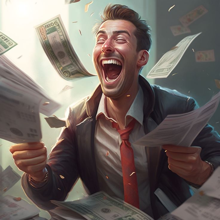 a man is laughing while holding papers and throwing them in the air with his mouth wide open