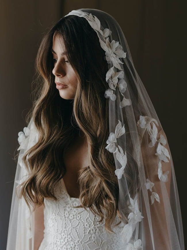 a woman wearing a wedding veil with flowers on it