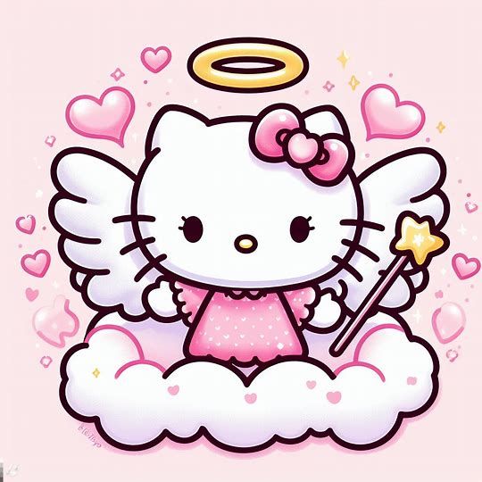 a hello kitty angel sitting on top of a cloud