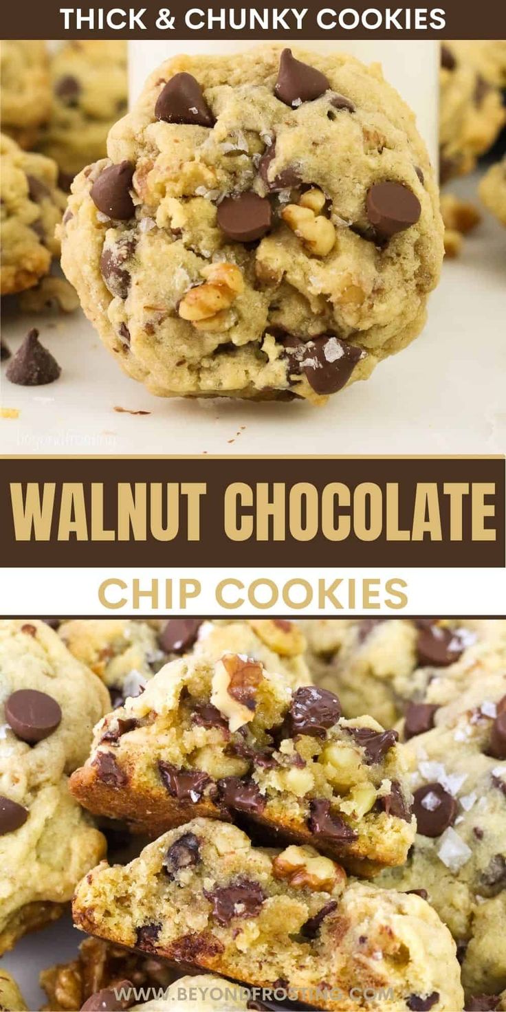 chocolate chip cookies are stacked on top of each other with the words, thick and chunk cookies