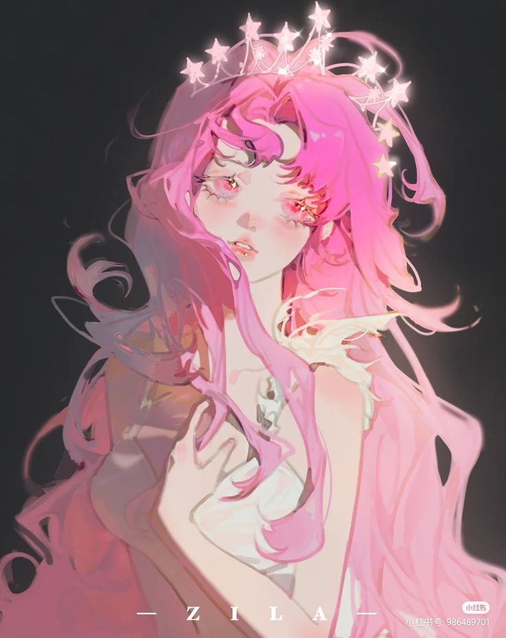 a woman with pink hair and stars on her head