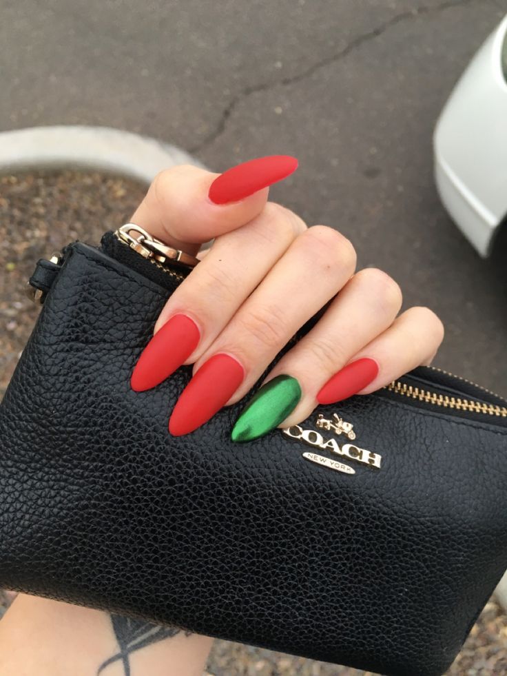 Green And Red Acrylic Nails, Matte Red Nails Christmas, One Hand Red One Hand Green Nails, Chrome Red And Green Nails, Christmas Nails 2023 Red And Green, Green And Red Chrome Nails, Red And Green Christmas Nails Acrylic, Green And Red French Tip Nails, Red And Green Chrome Christmas Nails