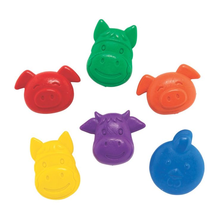 five different colored plastic pig toys on a white background