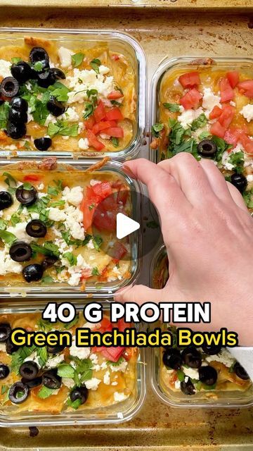 four glass containers filled with green enchilada bowls, topped with black olives