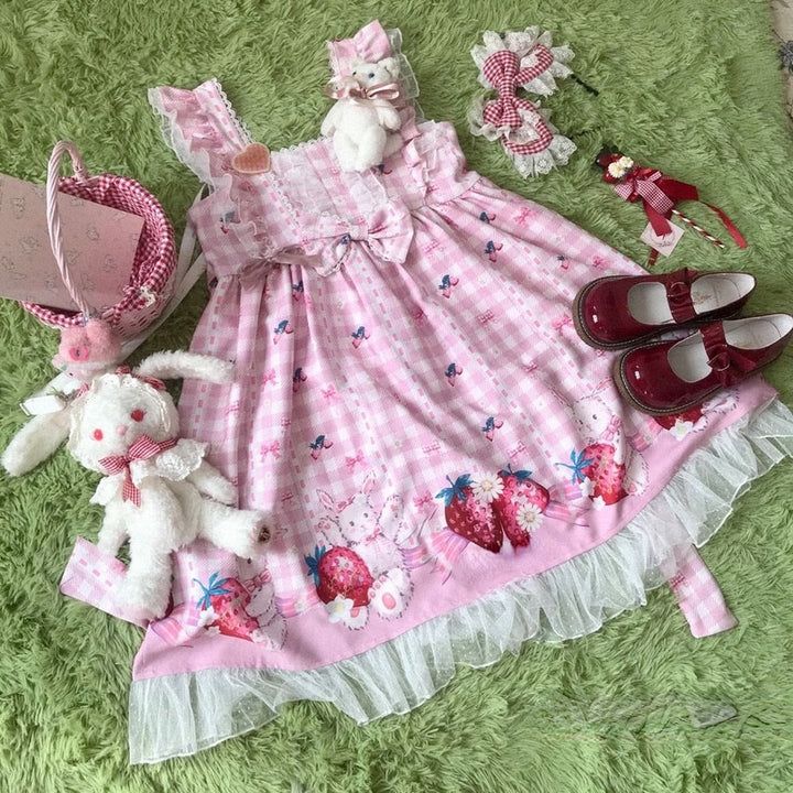 This Sweet Lolita Pink Strawberry Bunny Dress is a must-have for any Lolita fashion enthusiast. Crafted with a comfortable, soft material, and adorned with a cute strawberry bunny print, this dress is perfect for any occasion. Whether you’re attending a meetup or just looking for a stylish new piece for your wardrobe, this dress will help you stand out. Cute Summer Dresses For Dress-up Occasions, Cute Summer Fairy Dress For Party, Summer Cute Fitted Fairy Dress, Cute Fairy Dress For Summer Garden Party, Sweet Dress For Spring Garden Party, Sweet Dresses For Spring Garden Party, Pink Fairy Dress For Summer Dress-up, Pink Whimsical Fairy Dress For Spring, Summer Fairy Dress With Ruffles For Dress-up