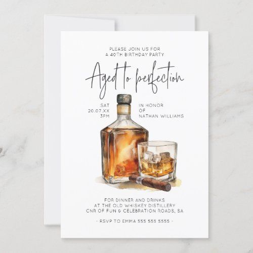 a birthday party card with an image of a bottle of whiskey and two glasses