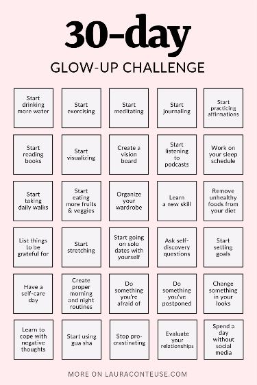 30-Day Glow-Up Challenge 7 Days Glow Up, 2024 Goals For Teens, 2024 Glow Up Challenge, Glowup Challenge 1 Week, Glowup Routine For Teens, Glow Up Tips For Girls 17, 21 Day Manifestation Challenge, How To Be Lovely, 7 Days Challenge Self Care