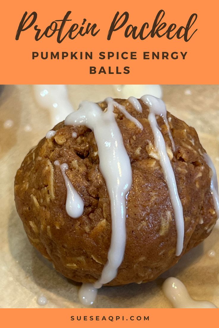 pumpkin spice energy balls with drizzled white icing on top and text overlay