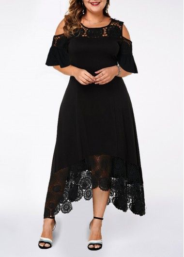 #roundneck #lace #black #coldshoulder #stitching #modern #plussize #stylish #partydress #stylishdress #long Plus Size Lace Dress, Plus Size Black Dresses, Lace Panel Dress, Stitching Dresses, Asymmetrical Hem Dress, Cold Shoulder Lace, Panel Dress, Patchwork Dress, Necklines For Dresses