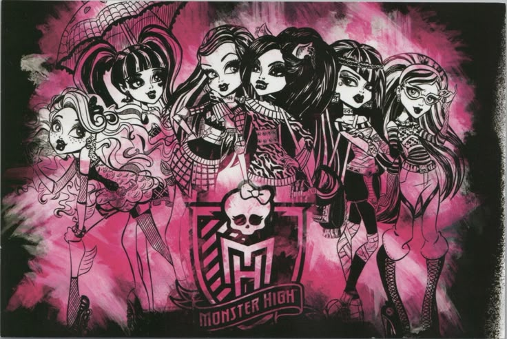 a group of girls with umbrellas in front of pink and black ink on paper