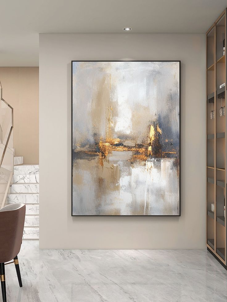 a painting hanging on the wall next to a dining room table