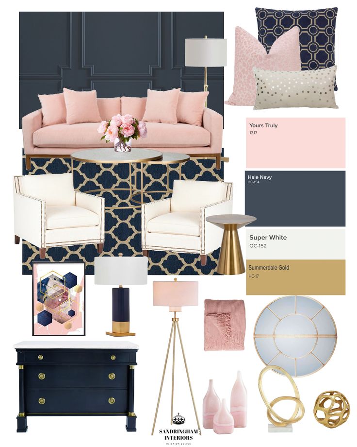 a living room with blue, pink and gold accents on the walls is featured in this color scheme