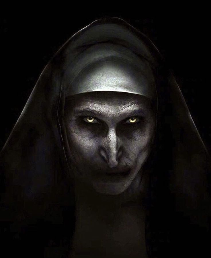 a painting of a nun with yellow eyes