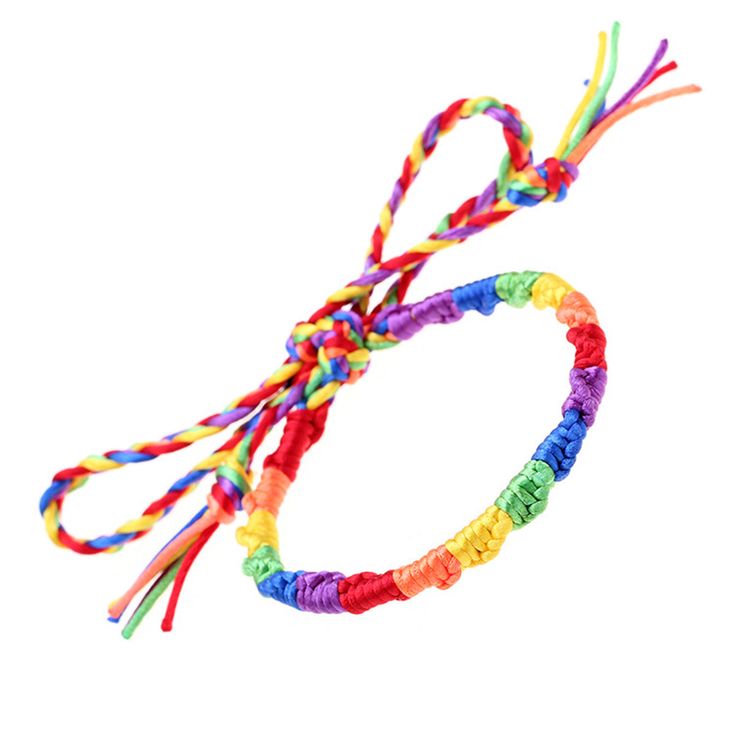 the rainbow bracelet is made with different colored cords and has an adjustable clasp on one end