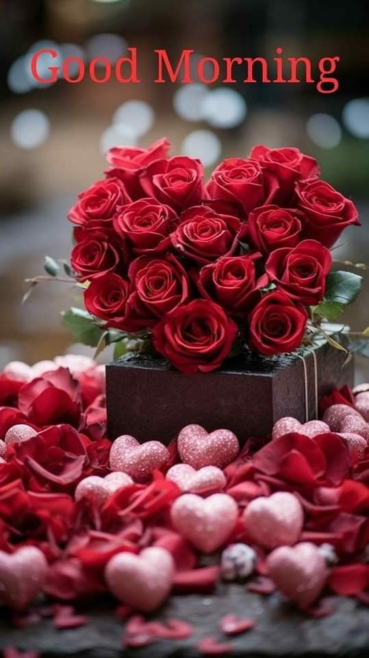 a bouquet of red roses sitting on top of a pile of heart shaped candies