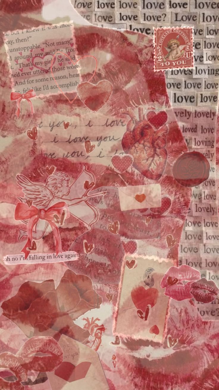 altered valentine's day collage with paper hearts and love words on it, all over the page