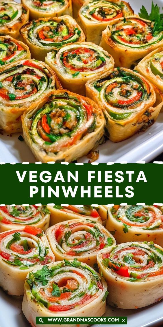 vegan fiesta pinwheels on a platter with text overlay