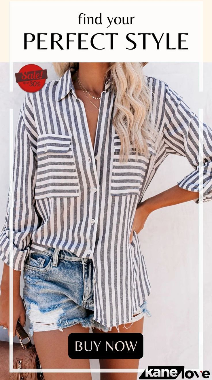 Cotton Striped Button Shirt Summer Striped Blouse With Buttons, Casual Cotton Blouse With Back Button Closure, Casual Collar Tops With Buttons For Vacation, Vacation Tops With Casual Collar And Buttons, Trendy Tops With Button Closure For Vacation, Trendy Vacation Tops With Button Closure, Trendy Button-up Shirt, Summer Cotton Blouse With Buttoned Pockets, Striped Tops With Button Closure For Day Out