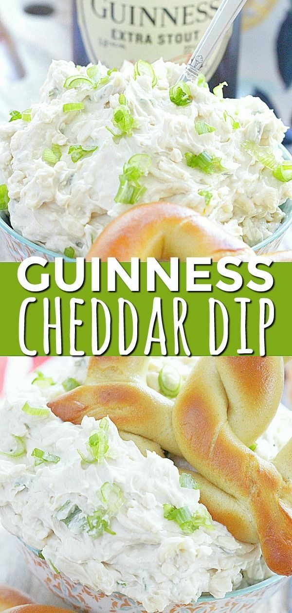 a close up of a bowl of food with the words guinness cheddar dip