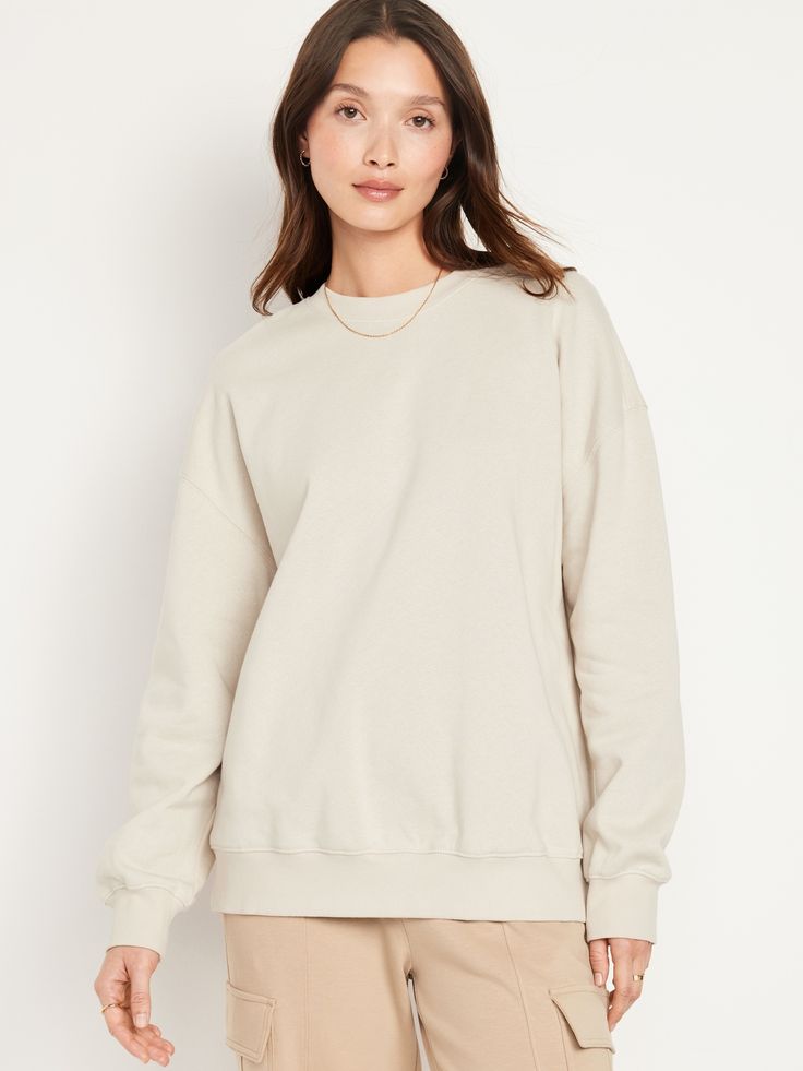 crew neck drop-shoulder sleeves rib-knit trim select styles feature graphic oversized fit hits at hip models are approx.  5'9" and wear sizes s (4), l (12) and xl (18)machine wash according to the care instruction label Oversized Beige Crew Neck Sweater, Relaxed Fit Fall Sweater With Drop Shoulder, Relaxed Fit Drop Shoulder Sweater For Fall, Relaxed Fit Sweater With Drop Shoulder For Fall, Oversized Beige Crew Neck Sweatshirt, Beige Crew Neck Sweatshirt For Loungewear, Basic Relaxed Fit Crew Neck Sweatshirt, Oversized Sweater With Ribbed Crew Neck, Casual Beige Crew Neck Sweater