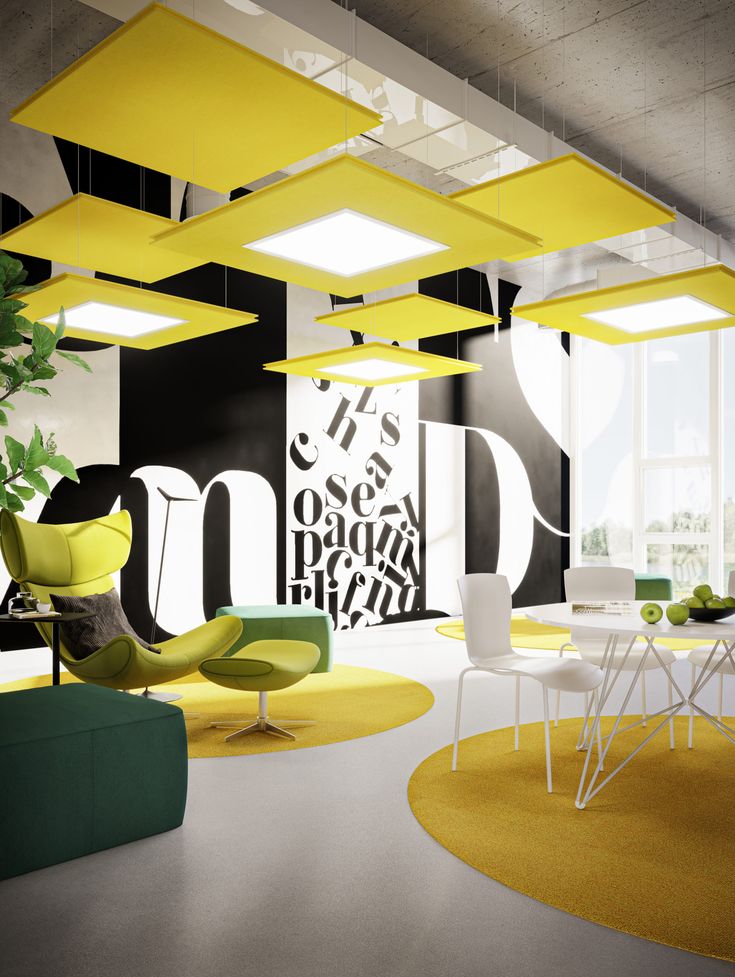 an office with yellow and black accents on the walls, carpeted flooring and chairs