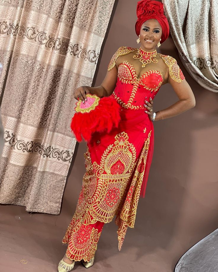 Red George bridal dress for a bride African Formal Dress, Igbo Bride, African Bridal Dress, Nigerian Lace Styles Dress, Nigerian Lace Styles, Red Bridal Dress, African Lace Styles, Traditional Wedding Attire, Chic Dress Classy