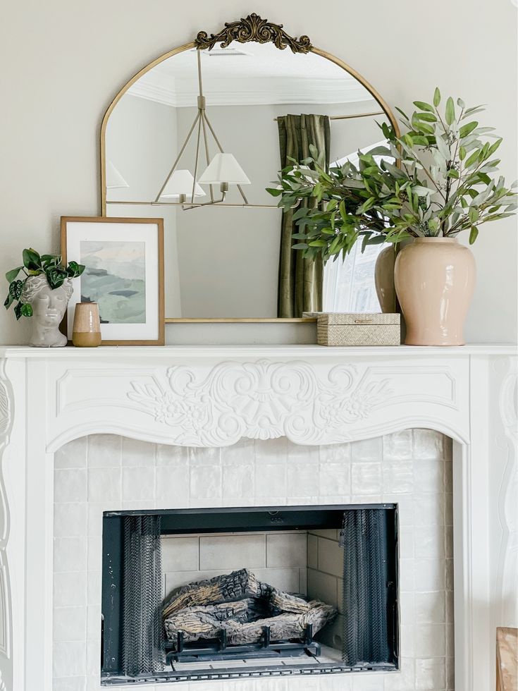 a white fireplace with a mirror and potted plants on it's mantel